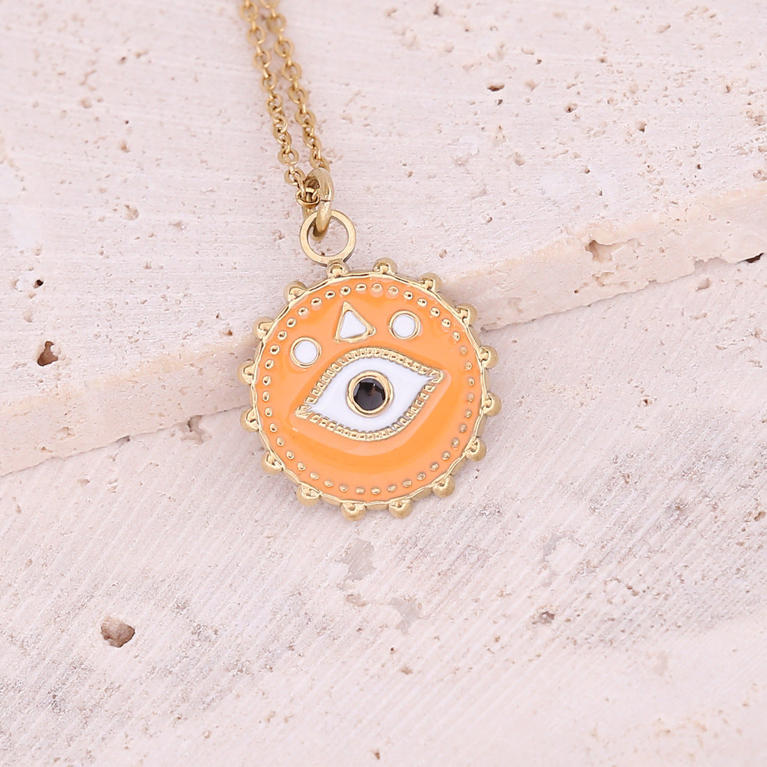 Oil Dripping Eye Pendant Stainless Steel Geometric Cross Necklace with Moon Clavicle Chain