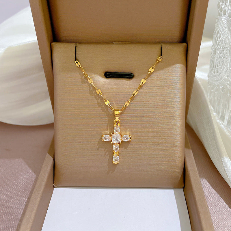 Simple Style Zircon Cross Pendant Necklace in 18K Gold and Silver Plating