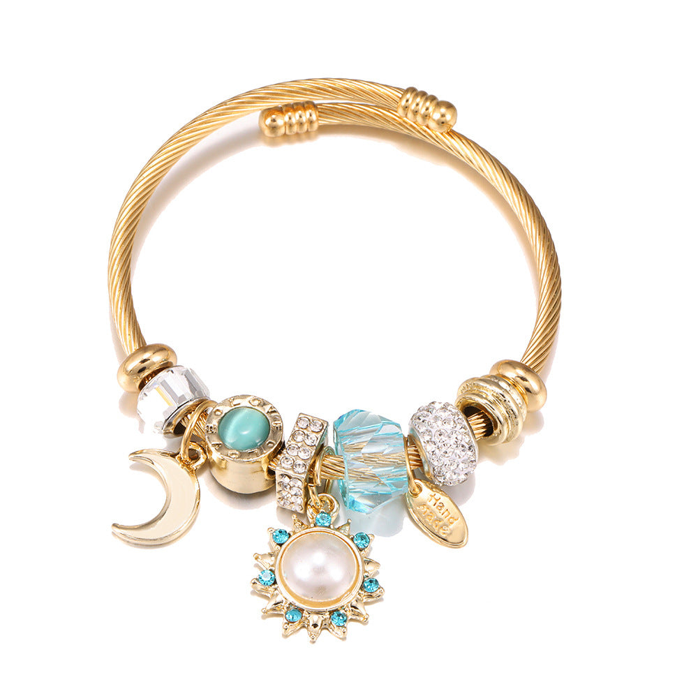 Fashion Butterfly Mosaic Sunflower Pendant Stainless Steel Bangle Bracelet Set