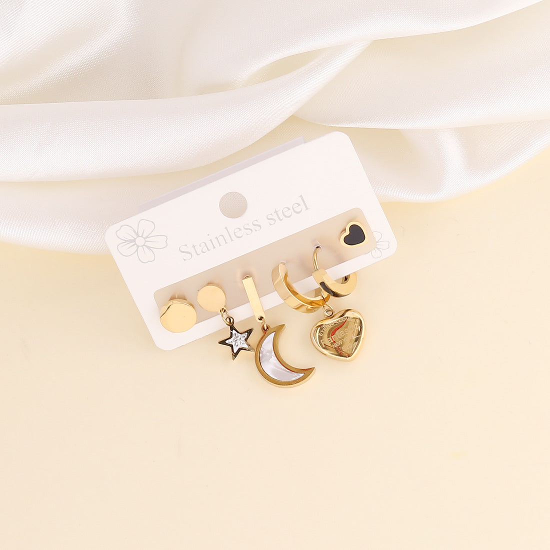 Stainless Steel Bear Heart Moon Star Earrings Set