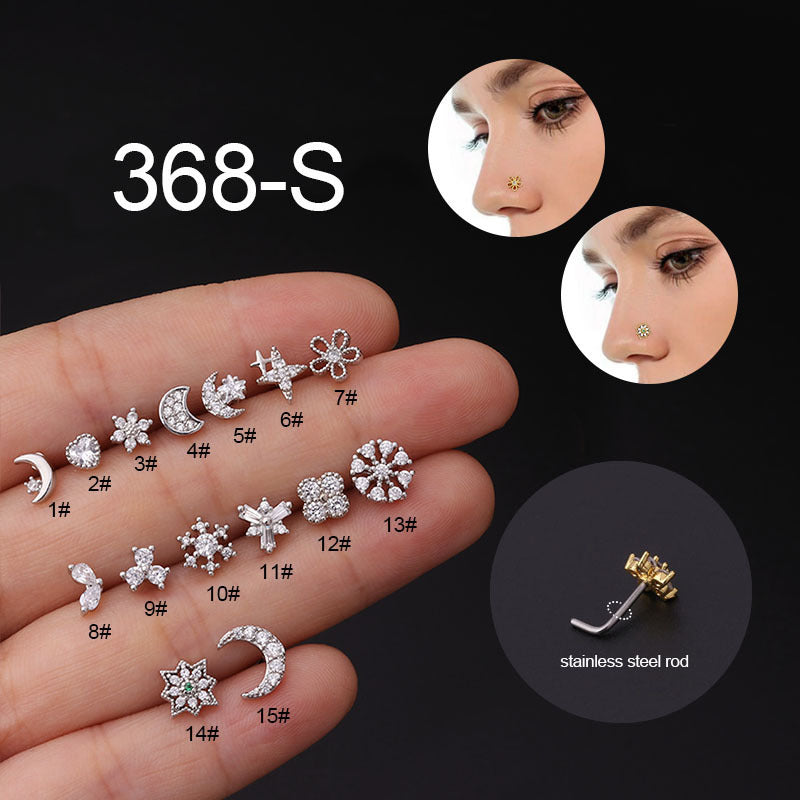 Moon Star Flower Zircon Inlaid Stainless Steel Nose Ring