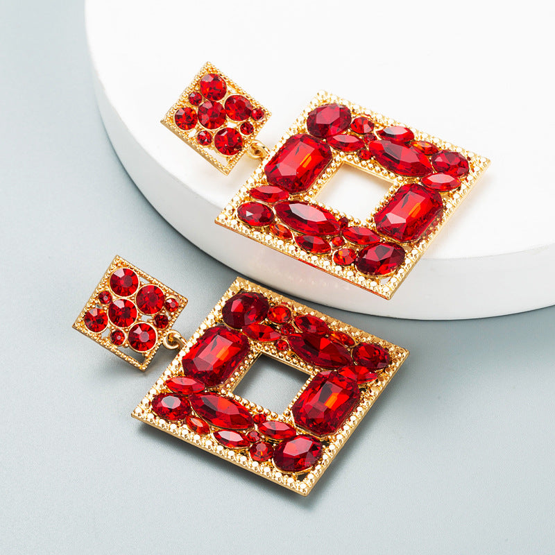 Fashion Multi-layer Square Earrings with Colored Glass and Alloy Diamonds