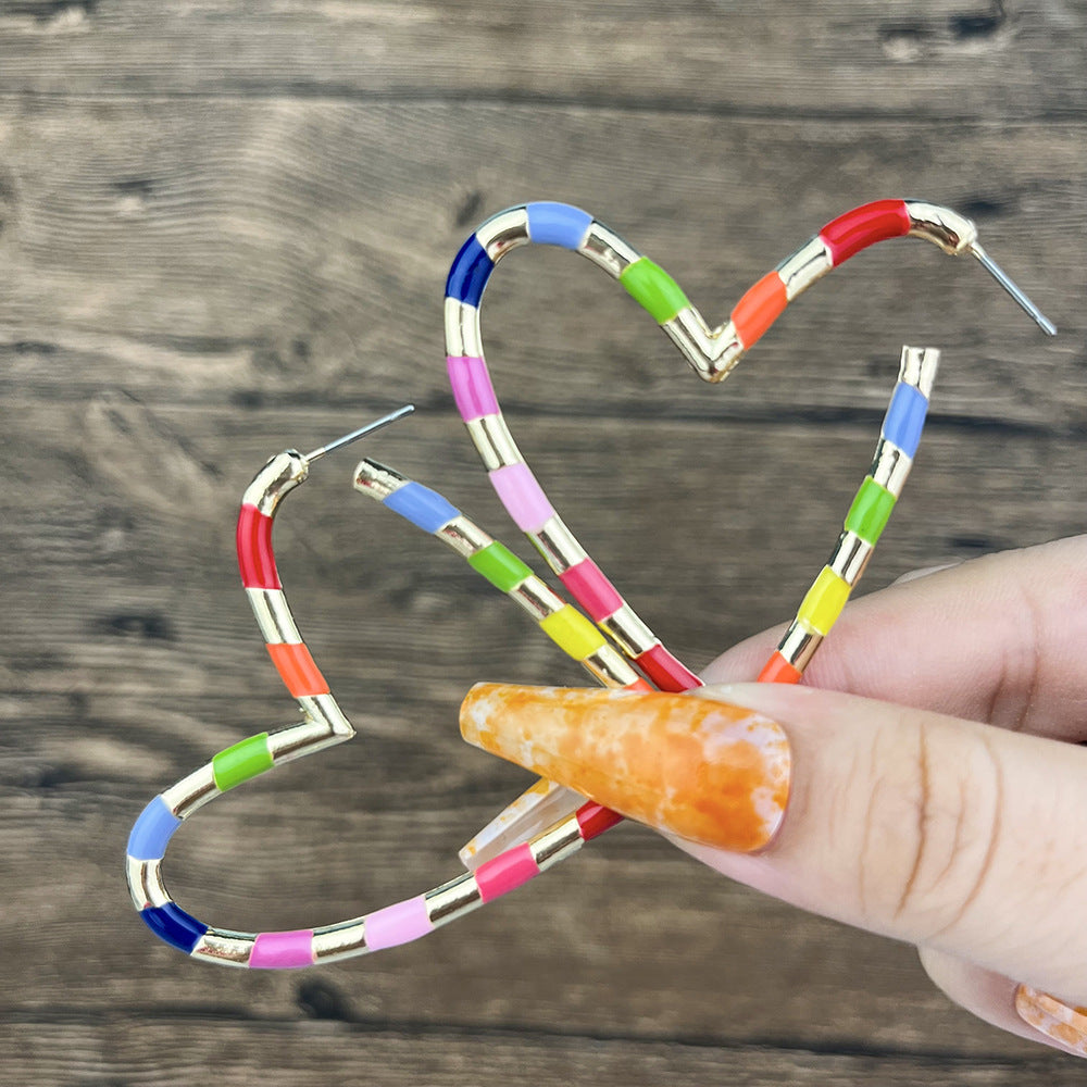 Colorful Heart & Bamboo Hoop Enamel Earrings 2023
