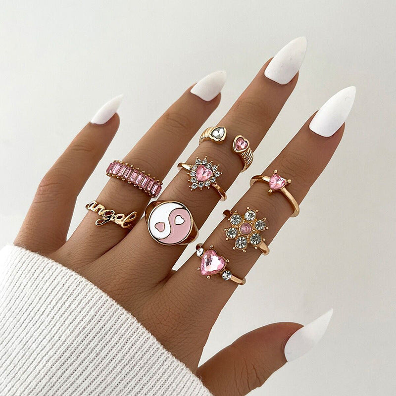 European American Tai Chi Pink Diamond Flower & Heart Ring Set