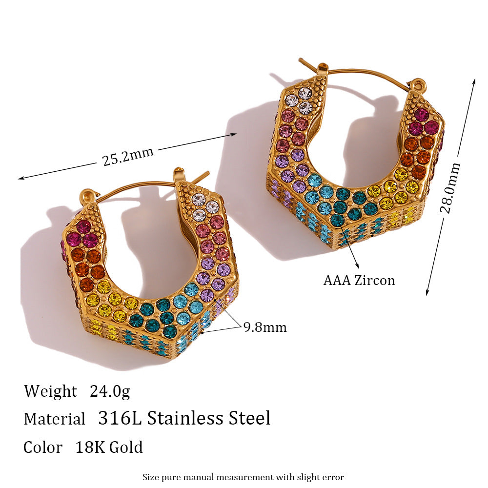 Vintage Color Block Zircon Inlay 18K Gold Plated Stainless Steel Jewelry Set