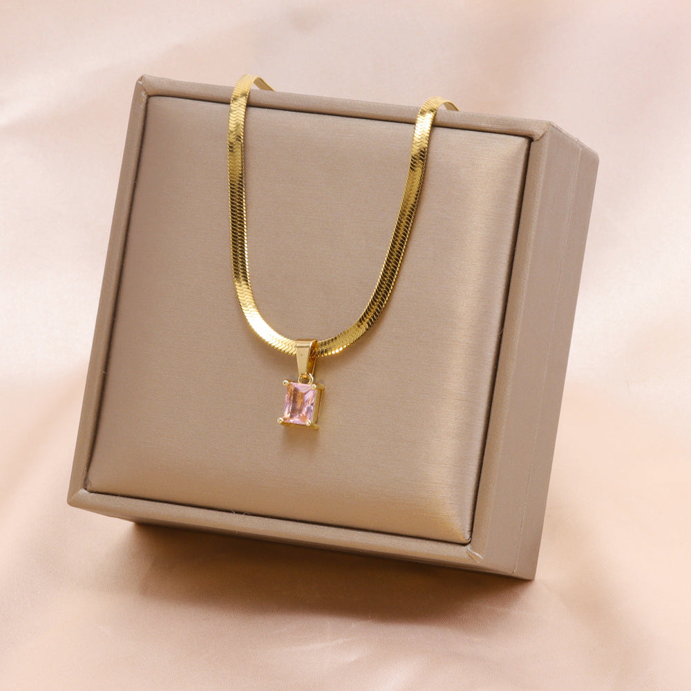 18K Gold Plated Stainless Steel Zircon Square Pendant Necklace