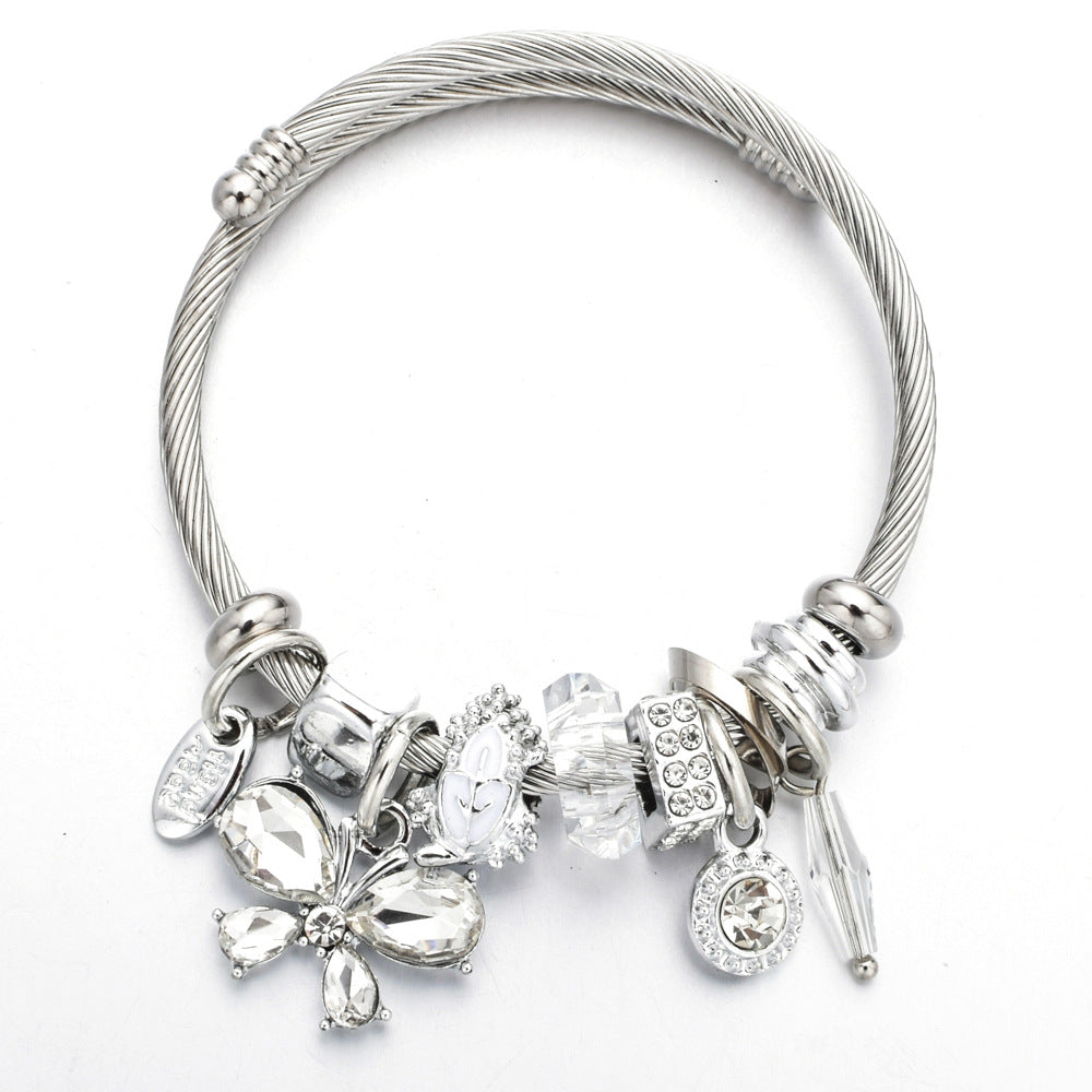 Fashion Metal Bunny Pendant & Crystal Bead Adjustable Stainless Steel Bracelet