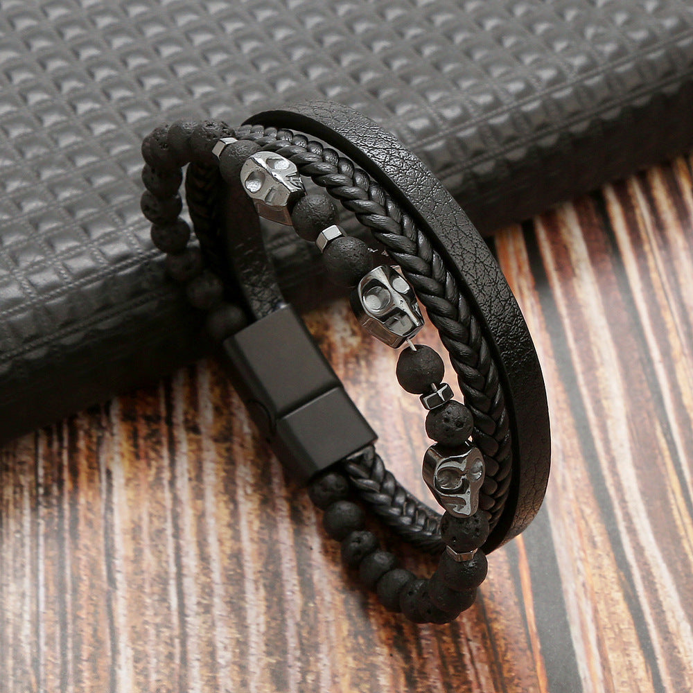 Retro Round Stainless Steel Natural Stone Skull Beaded Men's Bracelet with Volcanic Rock Magnetic Clasp