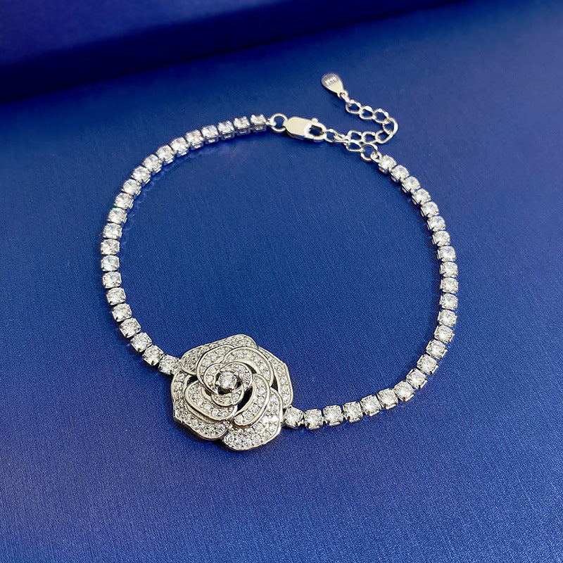 Elegant Rose Flower Sterling Silver Bracelet with High Carbon Diamond Inlay