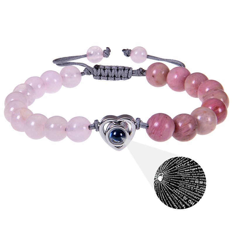 Romantic Heart Shape Natural Stone Projection Bracelets with Pink Crystal Beads