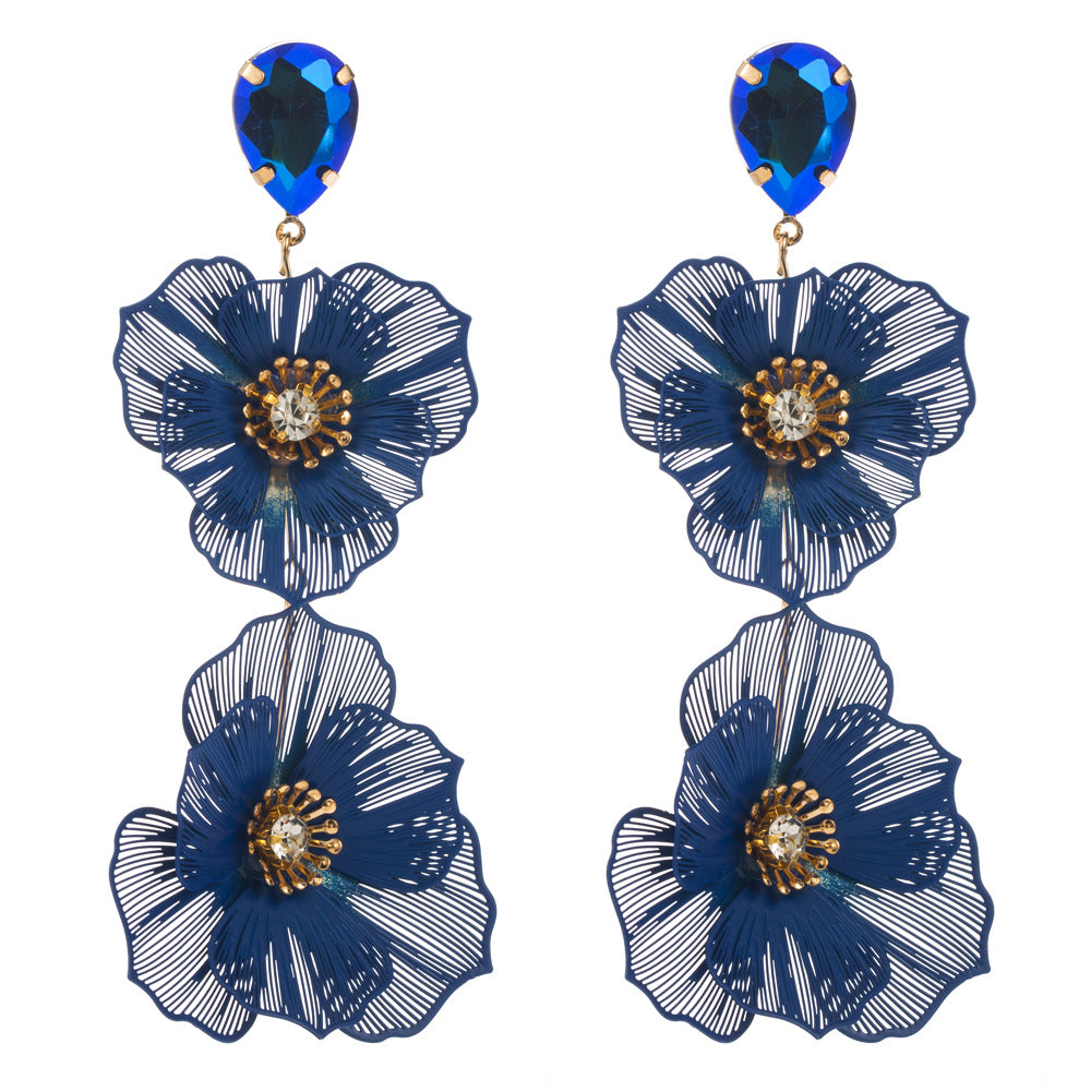 Elegant Floral Rhinestone Inlay Silver Plated Drop Earrings