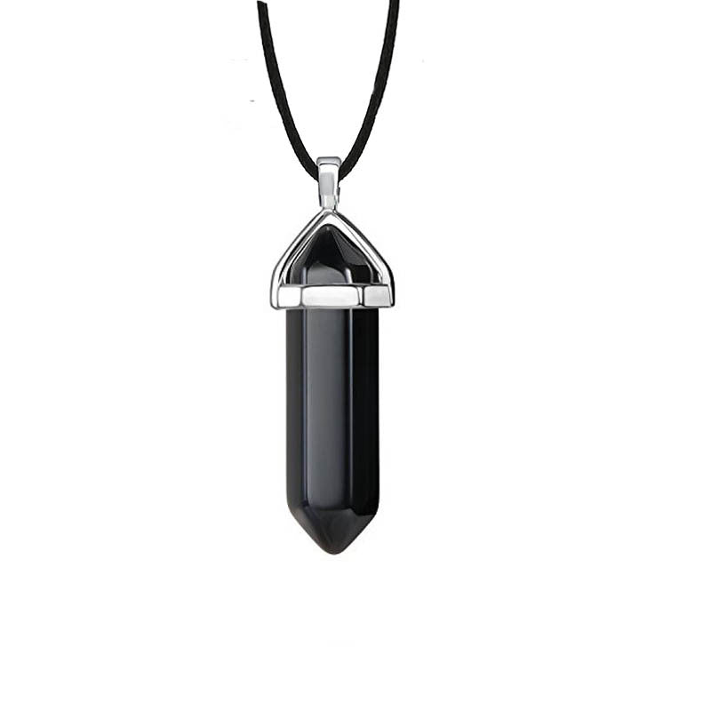 Hexagon Prism Natural Stone Leather Rope Necklace with Quartz Point Pendant