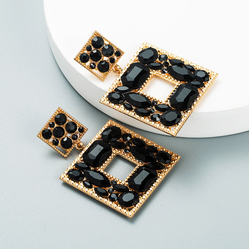 Fashion Multi-layer Square Earrings with Colored Glass and Alloy Diamonds