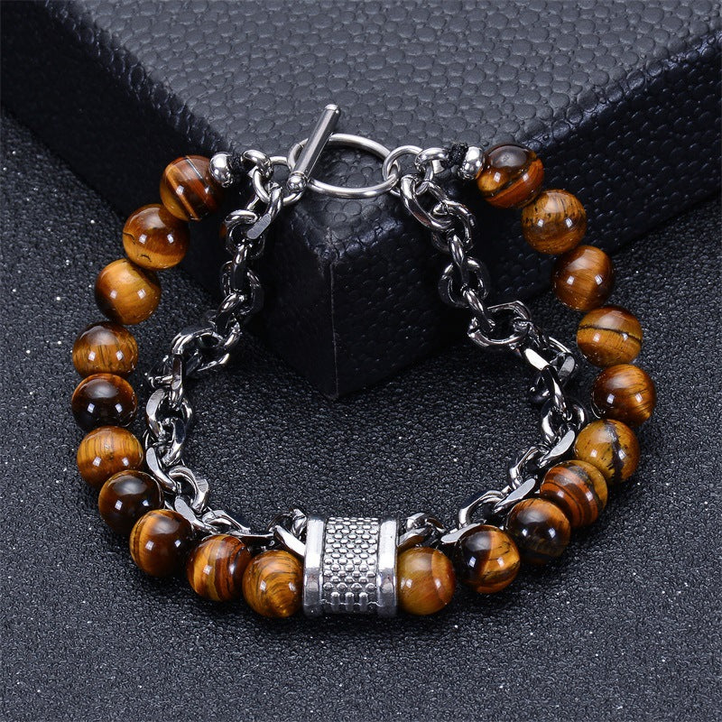 Geometric Natural Stone Lava Bead Stainless Steel Double Layer Bracelet