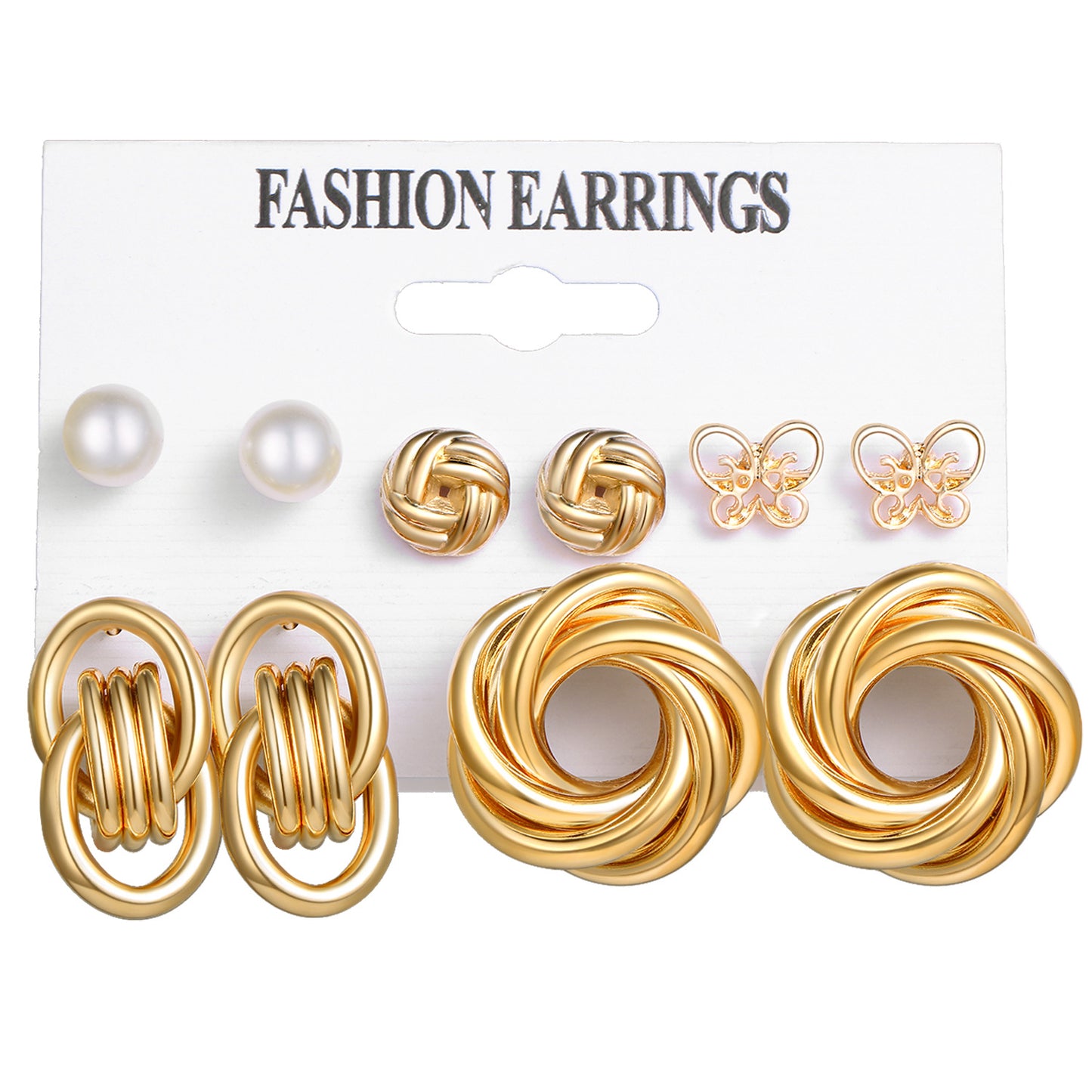 Fashion Geometric Gold Metal & Butterfly Pearl Rhinestone Earrings Set for Women
