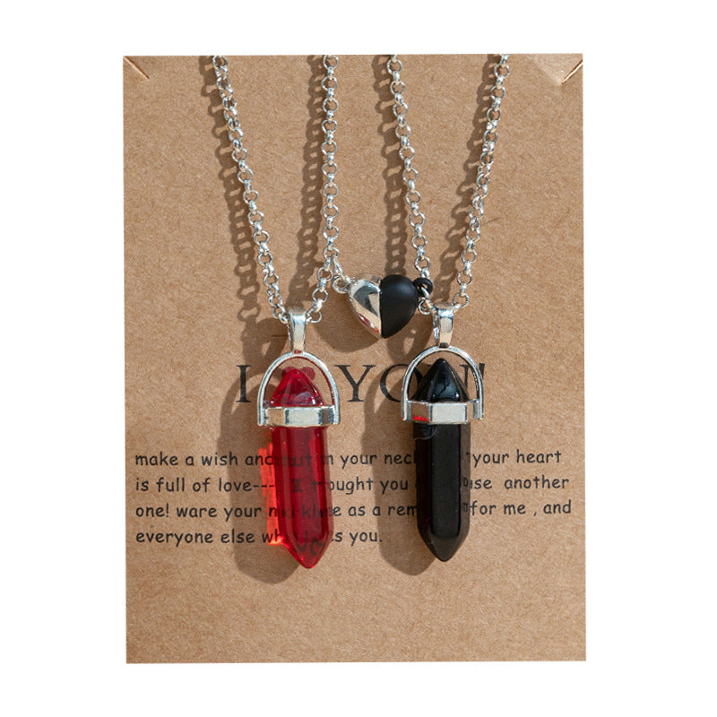 Hexagonal Crystal Quartz Pendant Necklace Set with Water Droplet Gemstone Inlay