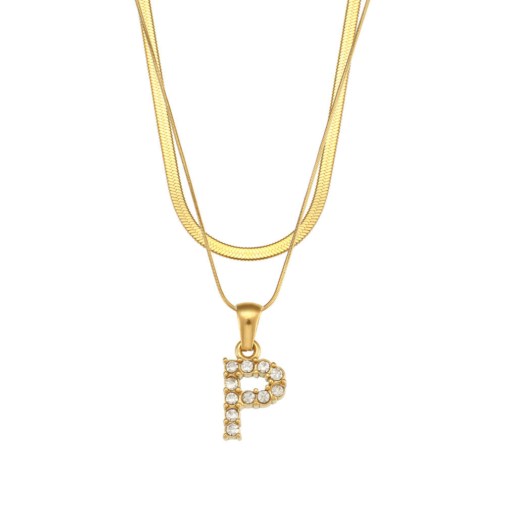 18K Gold Plated Double-Layer Zircon Letter Stainless Steel Necklace