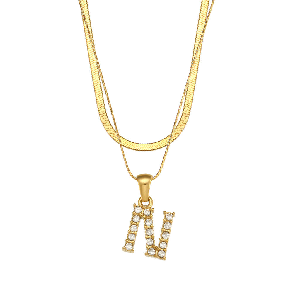 18K Gold Plated Double-Layer Zircon Letter Stainless Steel Necklace