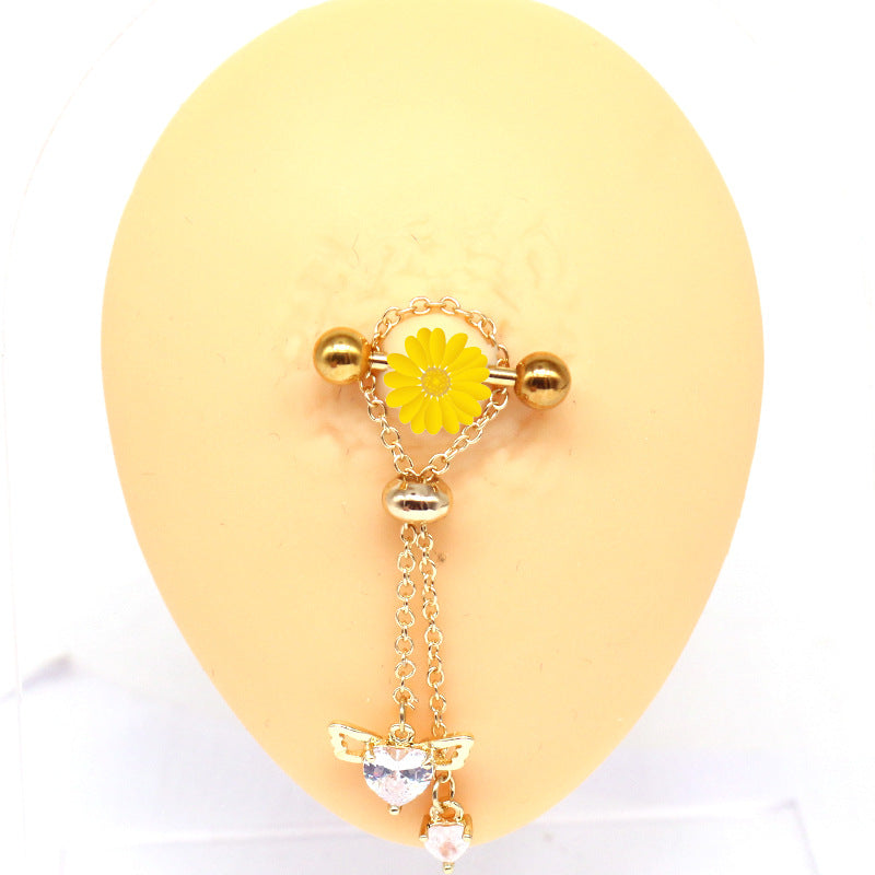 Modern Heart Shape Rhinestone Pendant Nipple Ring in Stainless Steel and Copper