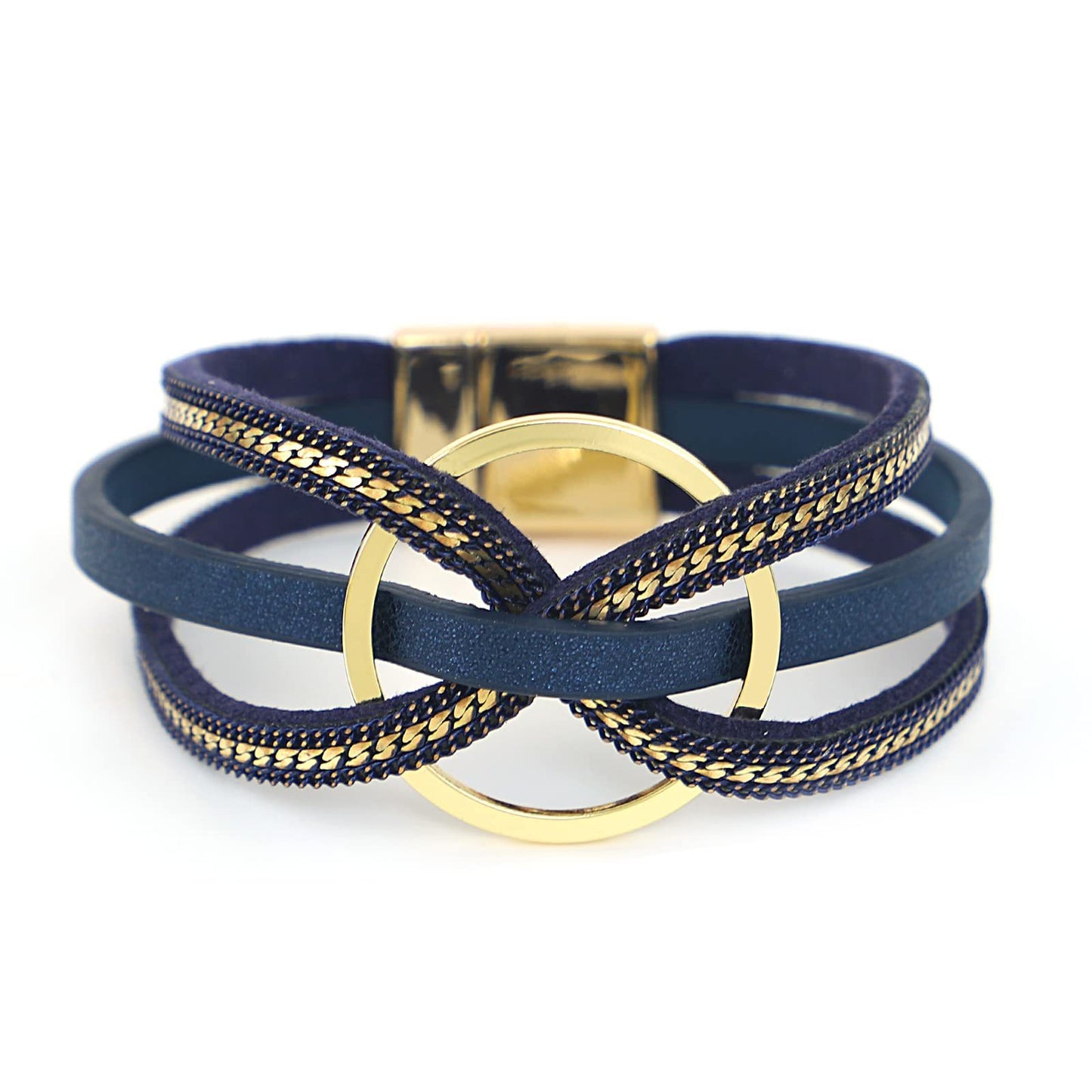 Multilayer Geometric Alloy Circle Magnetic Leather Bracelet for Women