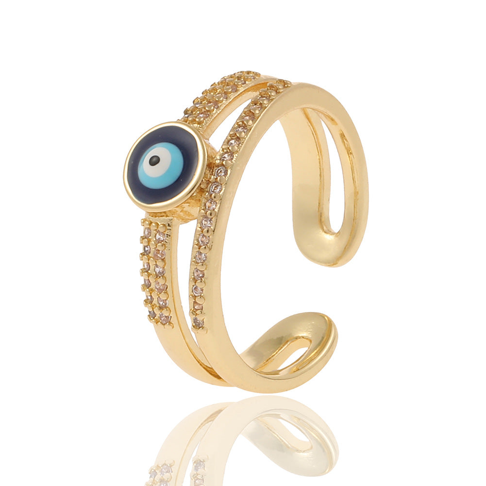 Fashion Geometric Devil's Eye Star Open Ring with Rhinestone Plated Zircon Copper