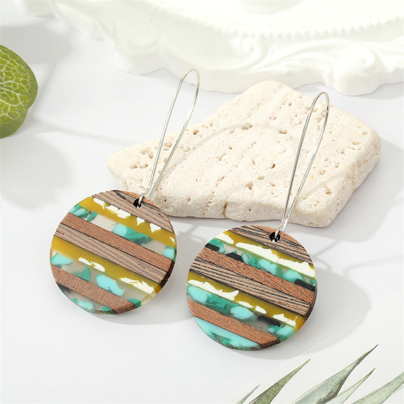 Retro Bohemian Colorful Wood Resin Geometric Pendant Earrings