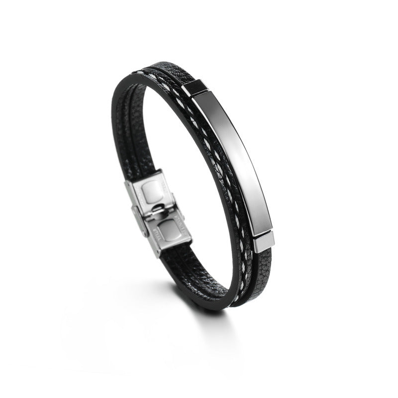 Retro European American PU Braided Leather Bracelet with Glossy Stainless Steel
