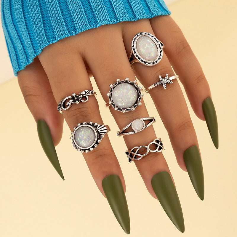 Retro Geometric Alloy Inlay Opal Gemstone Ring Set - 8 Pieces