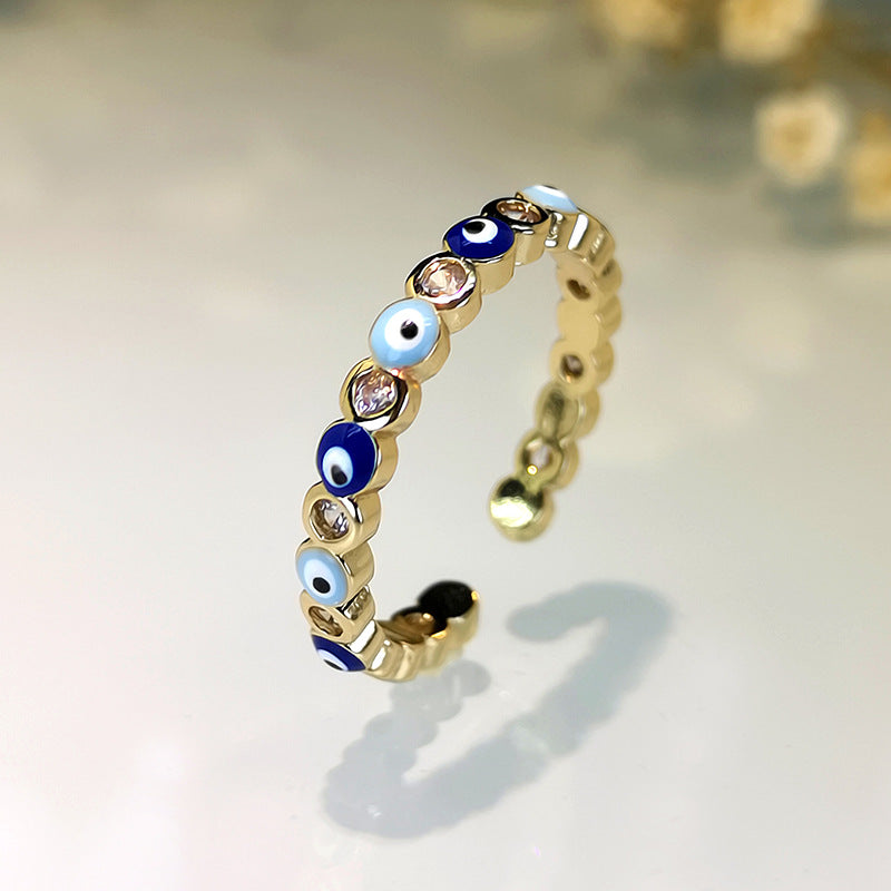 Fashion Jewelry Copper Ring with Micro-inlaid White Zircon and Enamel Evil Eye Design