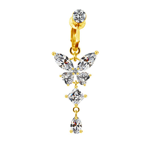Heart Shape Butterfly Planet Fake Belly Ring - 316 Stainless Steel with Rhinestones