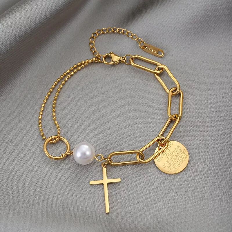 Elegant Streetwear Cross Stainless Steel Pearl Chain Bracelet