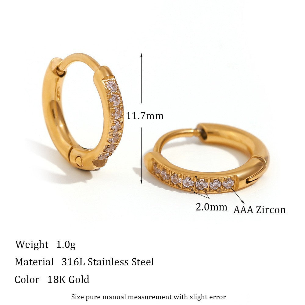 1 Pair Minimalist Round 18K Gold Plated Stainless Steel Zircon Hoop Earrings