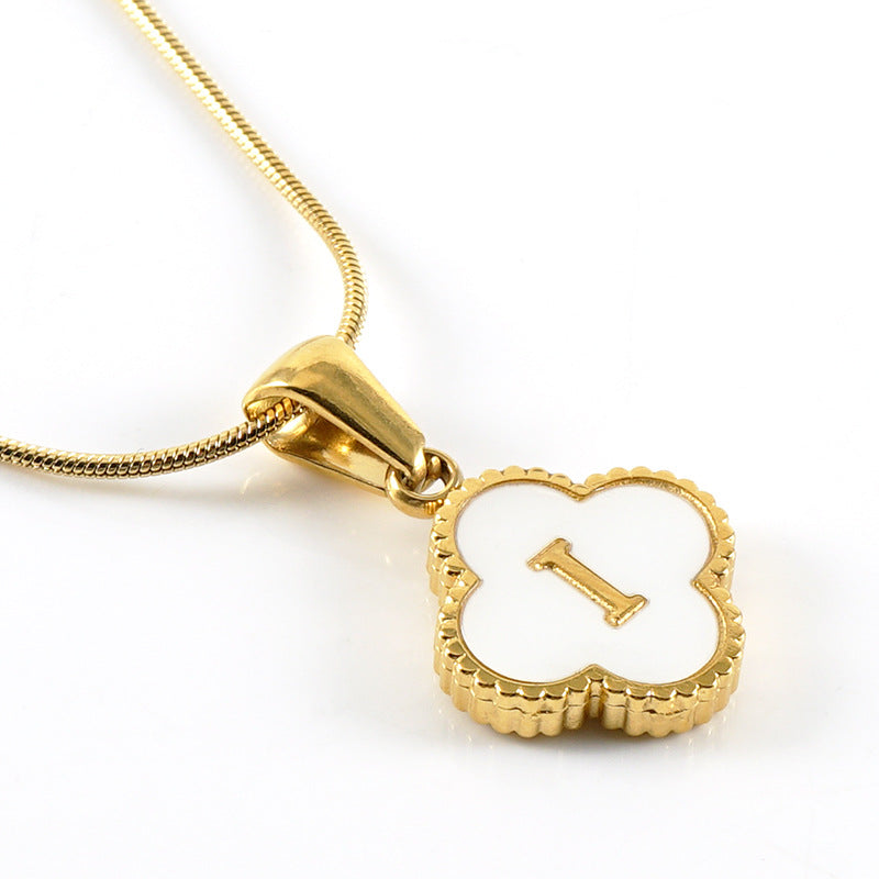 Clover Shell Letter Pendant Gold Plated Stainless Steel Snake Chain Necklace
