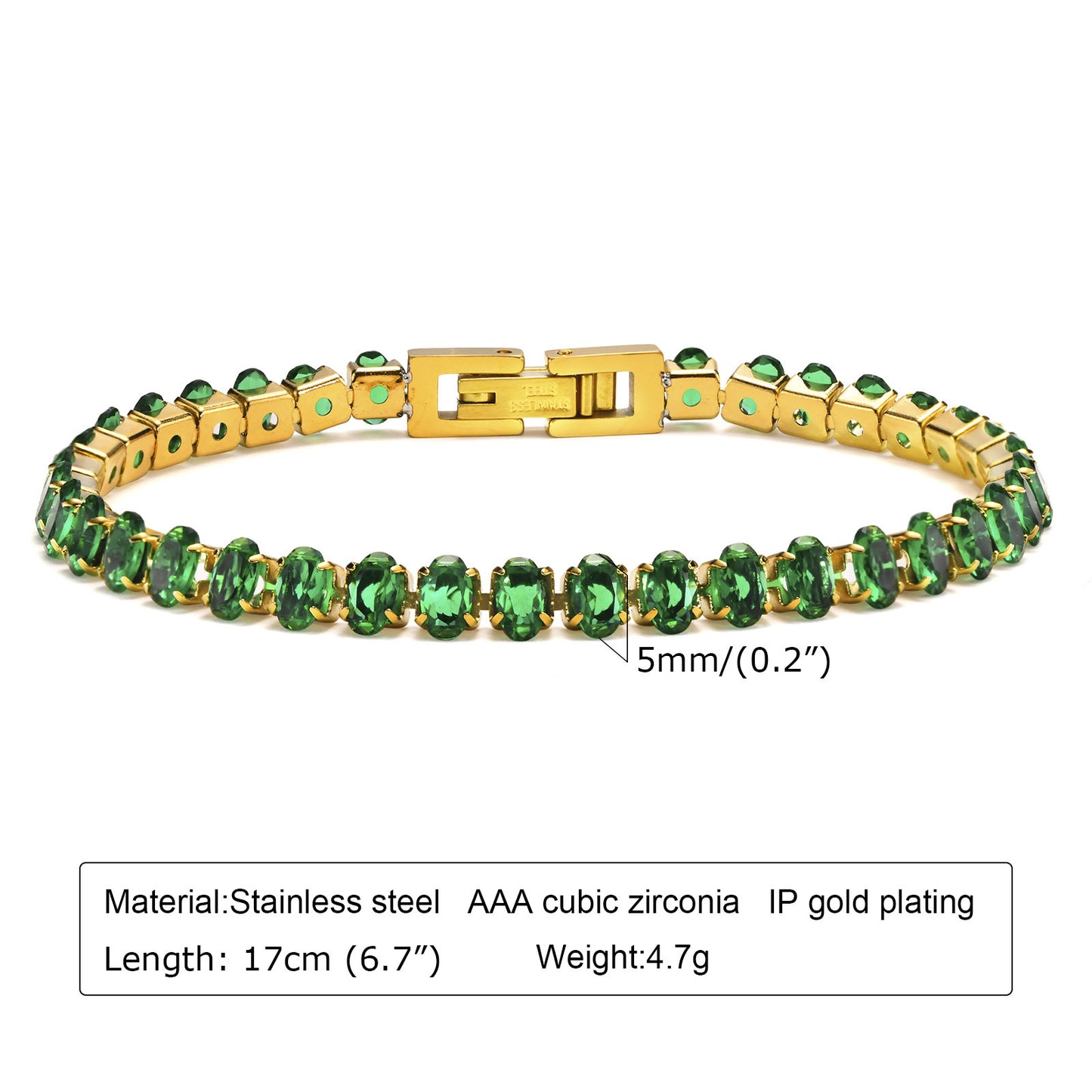 Elegant Geometric 18K Gold Plated Green Zircon Stainless Steel Bracelet