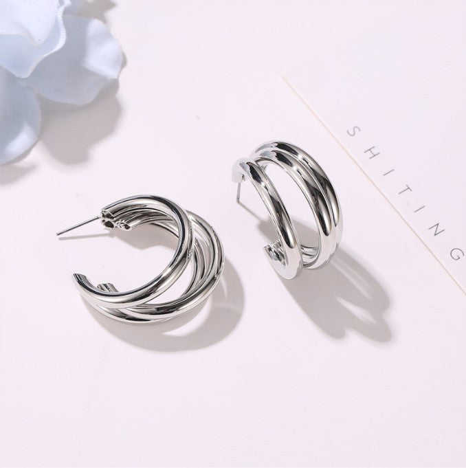 Layered Geometric Metal Semicircle Cross C-Shaped Earrings