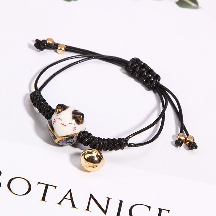 Korean Fashion Ceramic Lucky Cat Adjustable Weaving Bracelet for Women