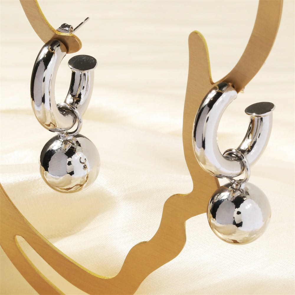 1 Pair 18K Gold Plated C Shape Ball Drop Earrings