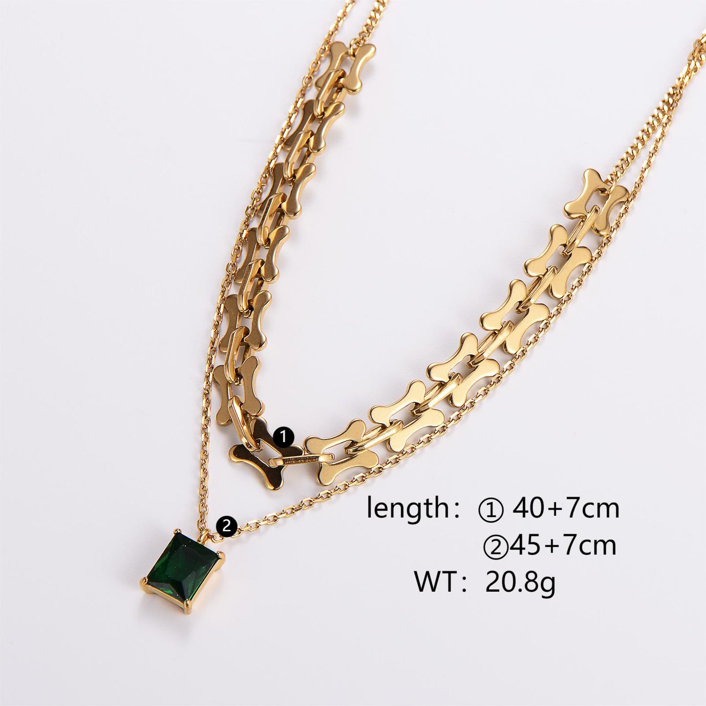 18K Gold Plated Zircon Layered Necklace with Stainless Steel Rectangle Pendant and Statement Chain
