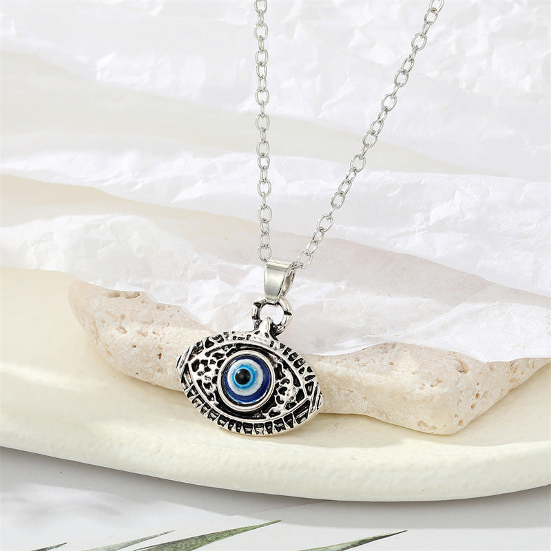 Alloy Turkish Evil Eye Pendant Necklace with Geometric Carving Design