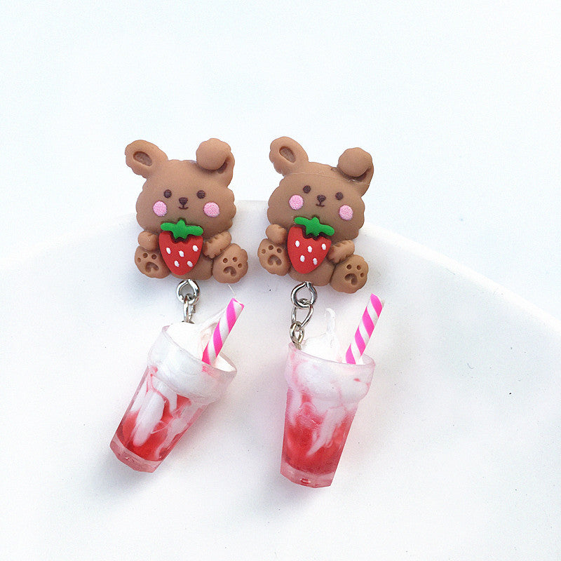 Creative Ice Cream Pearl Milk Tea Bear Strawberry Resin Earrings