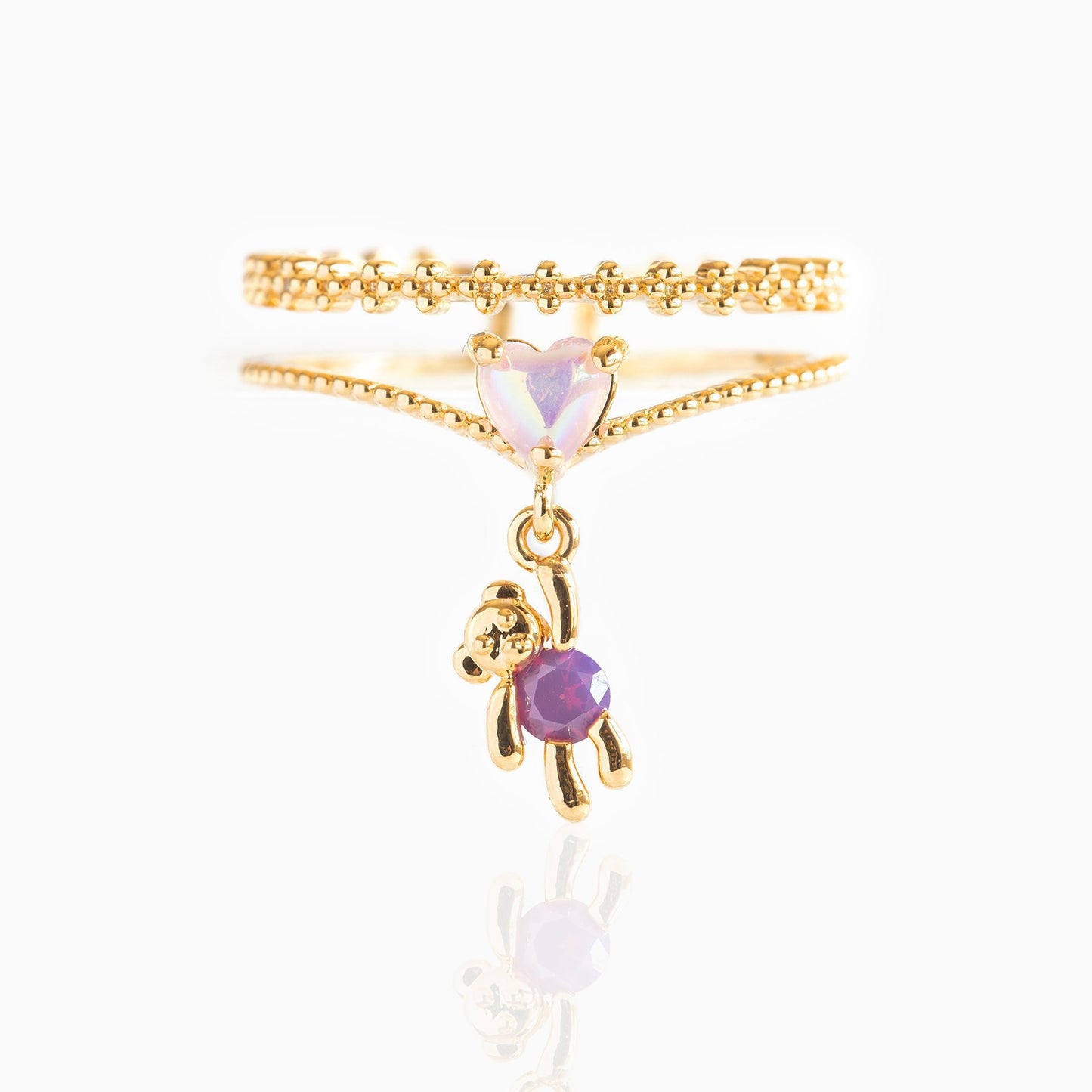 18K Gold Plated Bear and Heart Zircon Ring - Fashionable Minimalist Jewelry