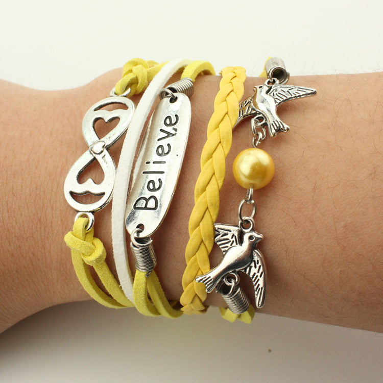 Fashion Multi-Element Leaf Heart Butterfly Owl Braided Women's Bracelet