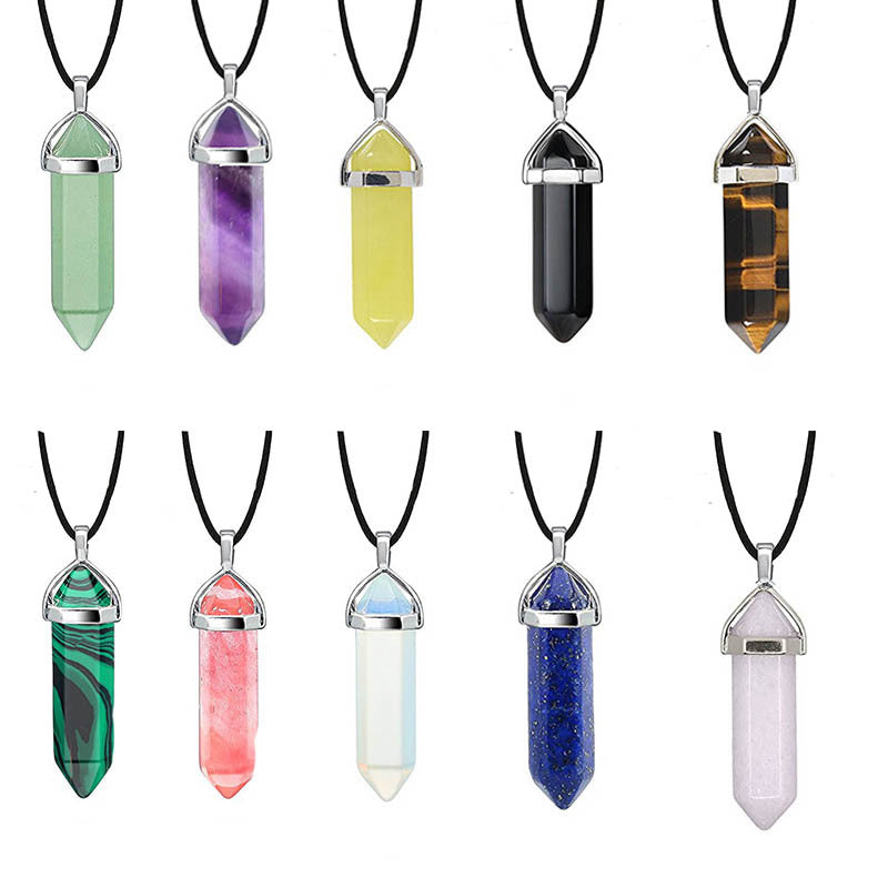 Hexagon Prism Natural Stone Leather Rope Necklace with Quartz Point Pendant