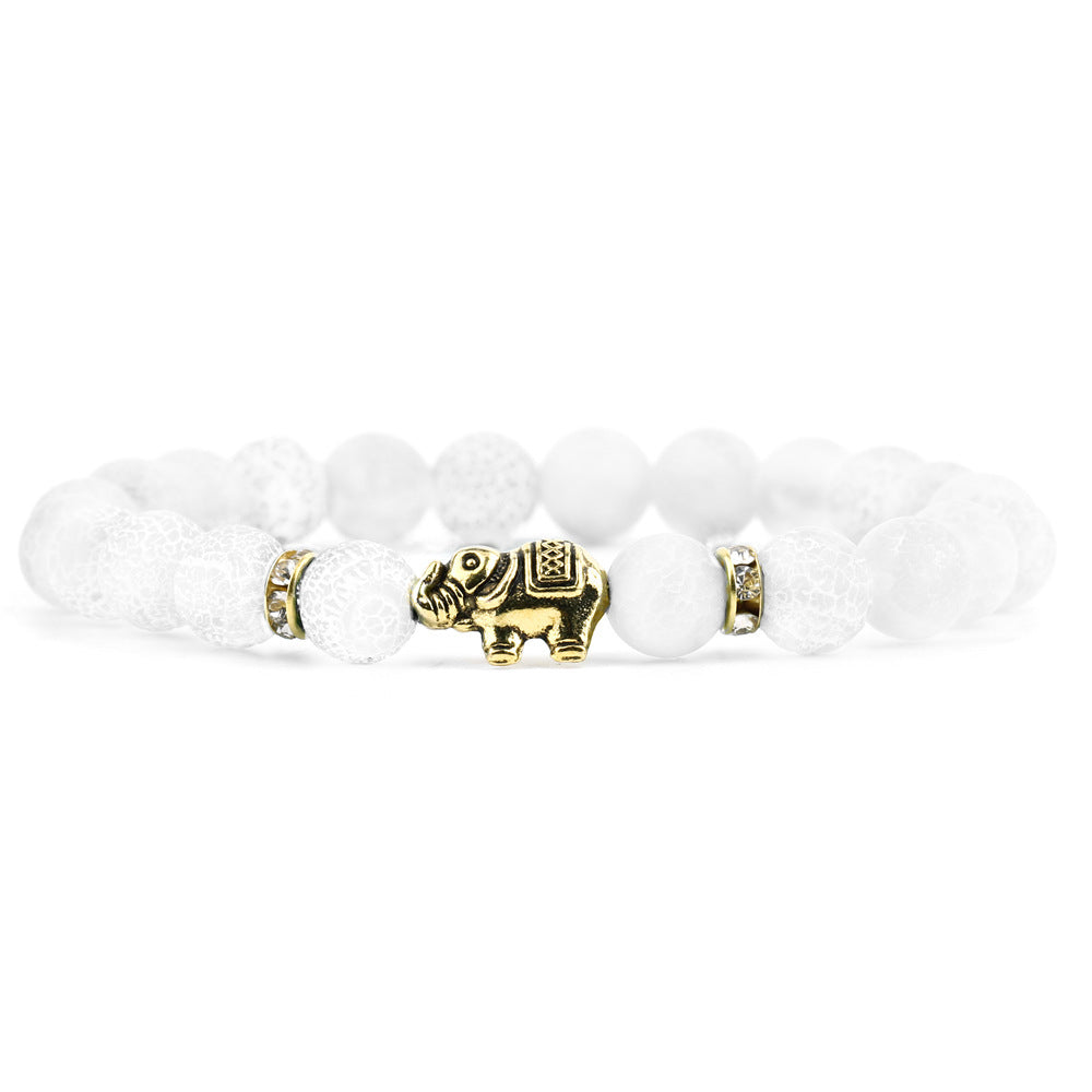 Retro Elephant Agate Beaded Bracelet with Frosted White Chalcedony Beads