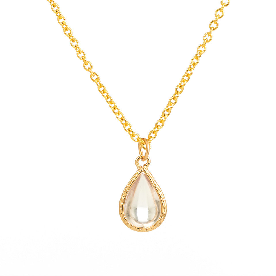Simple Crystal Water Drop Pendant Titanium Steel Necklace for Women