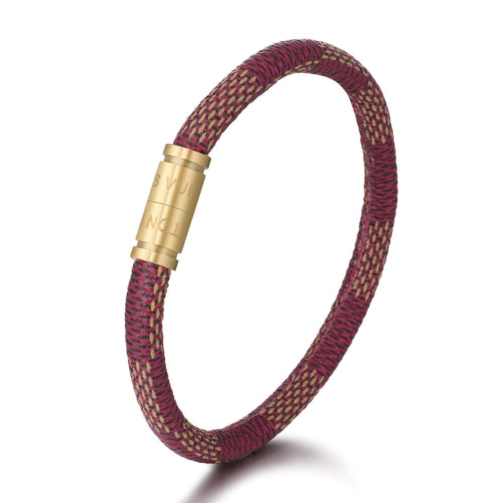 New Fashion Cowhide Striped Leather Bracelet with Stainless Steel Magnetic Clasp