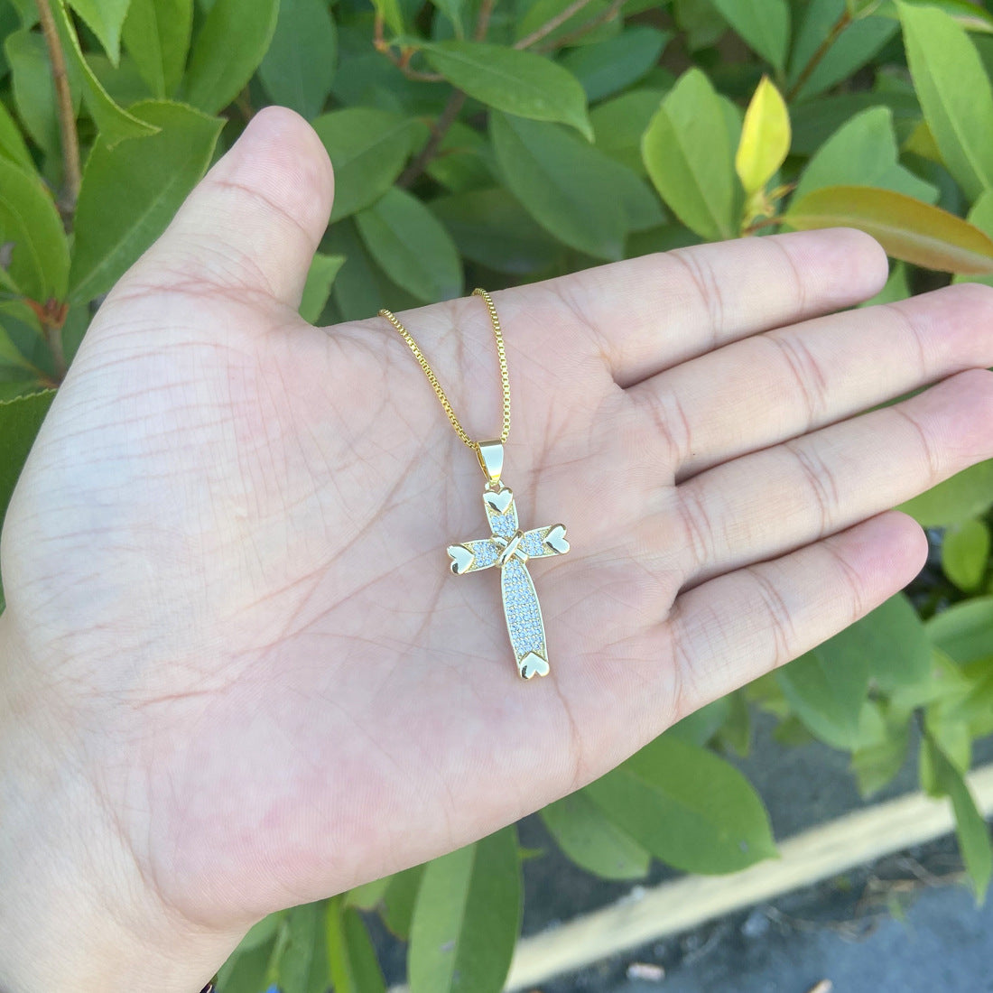 18k Gold Plated Copper Cross Pendant Necklace with Zircon Inlay