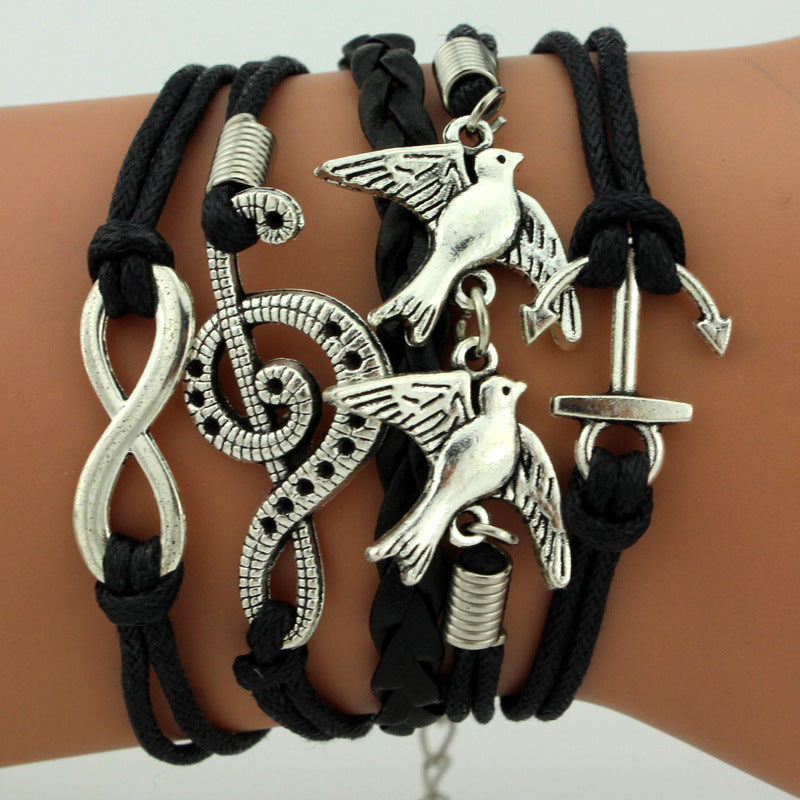 Fashion Multi-Element Leaf Heart Butterfly Owl Braided Women's Bracelet