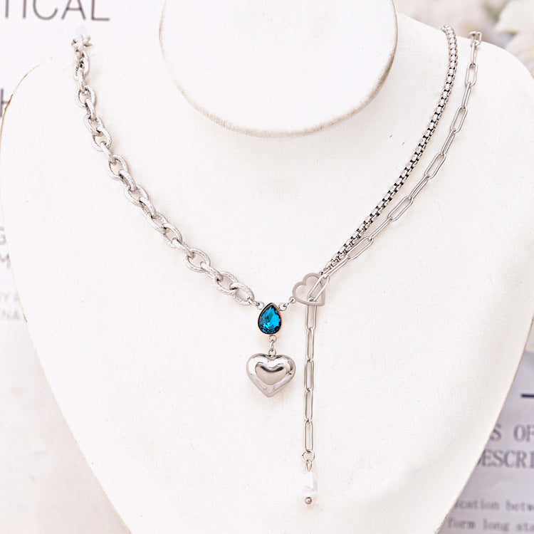 Blue Water Droplet Heart Pendant Necklace with Zircon and Pearl Tassels in Titanium Steel