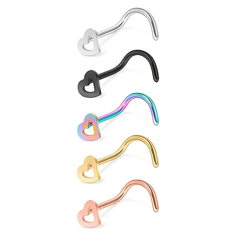 Fashion Heart Shaped Stainless Steel Nose Stud Set - 5 Colors